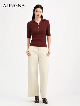 【商场同款】阿菁娜秋季新款挖空V领POLO衫夹金丝坑条针织衫金属扣修身显瘦A30Q301002