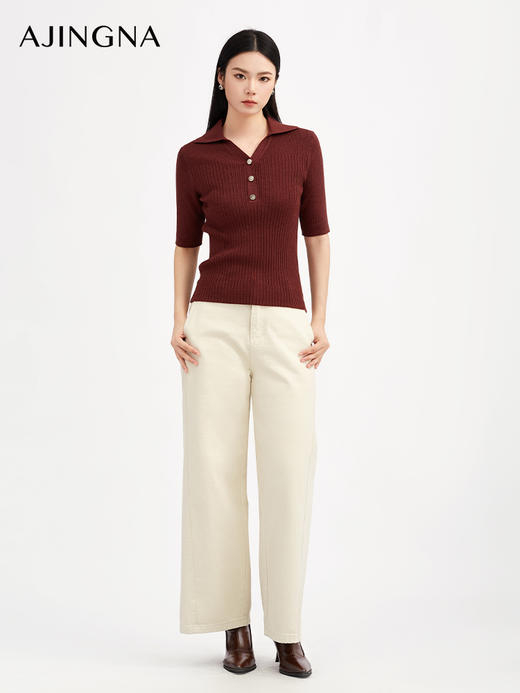 【商场同款】阿菁娜秋季新款挖空V领POLO衫夹金丝坑条针织衫金属扣修身显瘦A30Q301002 商品图0