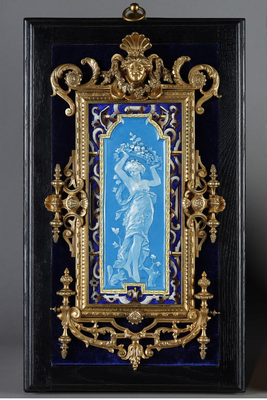 独角鹿西洋古董 19世纪末法国出品新古典主义风格铜鎏金镶嵌珐琅彩绘古典女子浮雕装饰挂画一对 商品图3