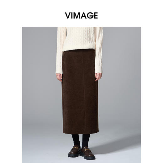 VIMAGE纬漫纪灯芯绒复古百搭直筒长款开叉半身裙女2025秋季新款V2406114 商品图0
