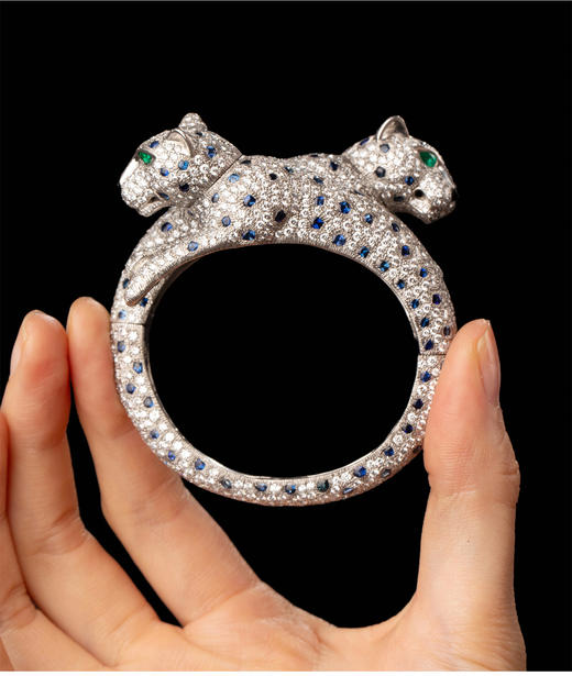 独角鹿西洋古董 20世纪晚期法国出品铂金嵌钻石蓝宝石祖母绿及缟玛瑙「美洲豹」手镯 商品图2