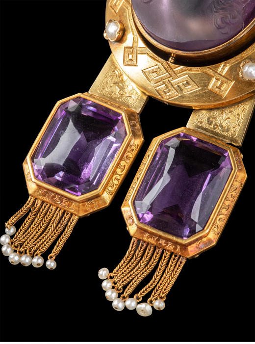 独角鹿西洋古董 19世纪法国拿破仑三世时期出品18K黄金镶嵌紫水晶卡梅奥浮雕珍珠流苏装饰胸针 带原盒 商品图3