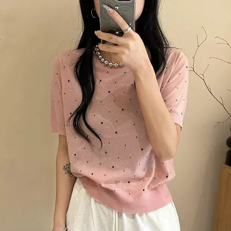 天丝羊毛柔软品质圆领烫钻针织休闲薄款上衣   YX-111710