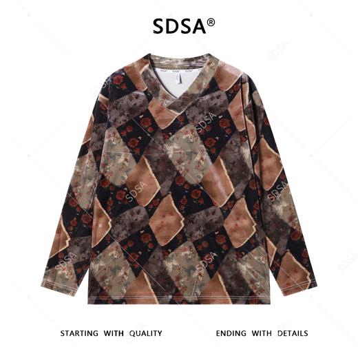 T4915SDSA秋冬新款痞帅男装潮牌绒面拼色玫瑰花交叉V领长袖T恤时尚百搭 商品图1