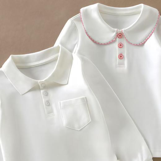 【儿童服饰丨儿童纯色polo衫】选用纯棉面料，亲肤舒适透气，做工精细走线工整，男款POLO领，女款娃娃领，男女款纽扣色做了区分，胸前有小口袋设计，简约百搭，90-170码可选~ 商品图4