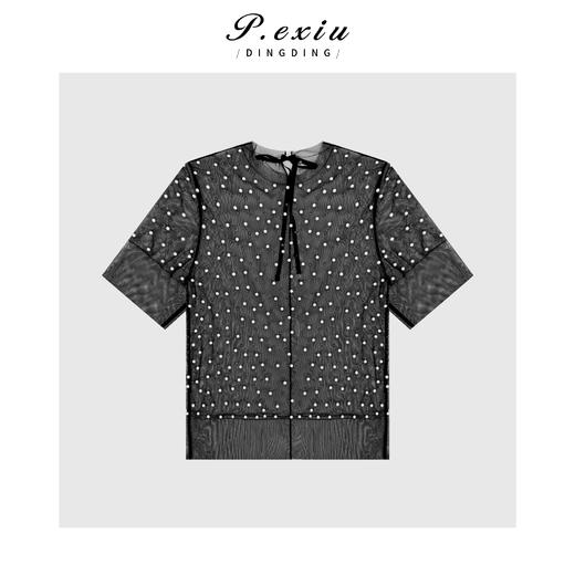 03-4潘依绣丁丁宠粉PanYiXiu/潘依绣【人鱼泪】柔光莹润网纱钉珠高级感打底T恤 W-63361 商品图1