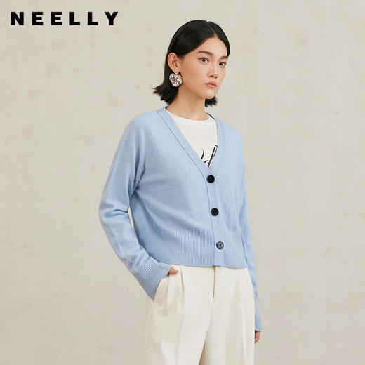 NEELLY纳俪商场同款冬季新款纯羊毛V领针织衫女肌理感毛衣开衫N25104A04517 商品图0