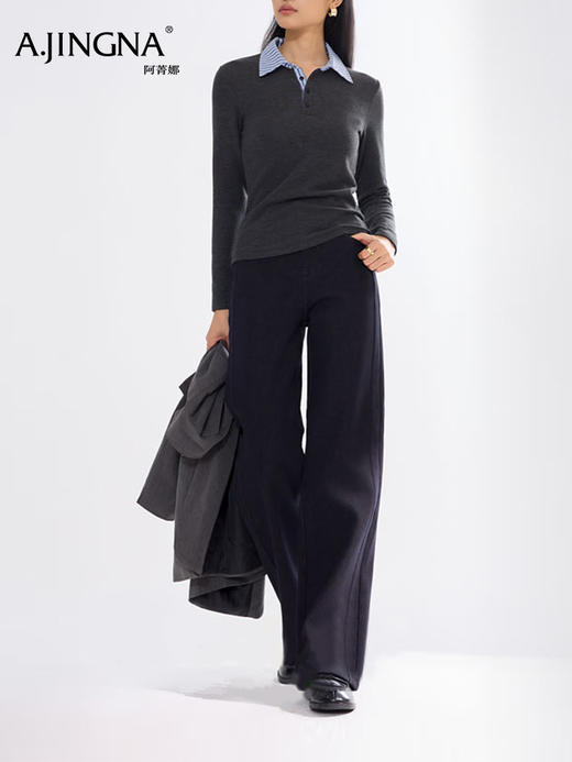 【假两件POLO】阿菁娜秋季新款慵懒风假两件POLO衫立体剪廓形一衣多穿柔糯亲肤保暖F30D302002 商品图2