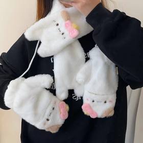 【可爱少女心！毛绒手套】围巾女新款冬季学生骑行挂脖加绒加厚防寒五指手套。rc