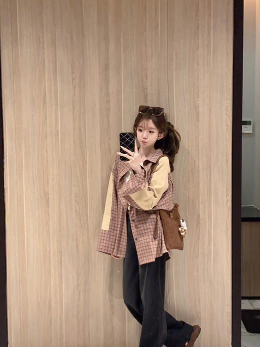 金蘑菇菇  秋天需要一点安可拉红 /大格子衬衫 配色也很复古 红+卡其 洋气又高級 商品图1