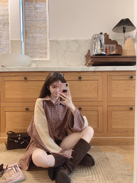 金蘑菇菇  秋天需要一点安可拉红 /大格子衬衫 配色也很复古 红+卡其 洋气又高級 商品图3