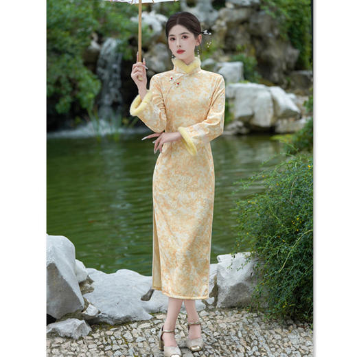 GX中国风加绒长袖女装旗袍2025秋冬款复古改良年轻款倒大袖日常旗袍 商品图2