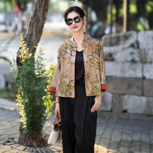 新中式国风立领印花旗袍，盘扣外套内搭裤子三件套MYJ-260 商品图2