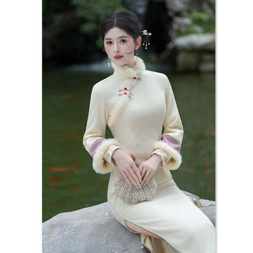 GX素雅立领改良长袖旗袍2025秋冬新中式年轻款女加绒加厚旗袍连衣裙 商品图2