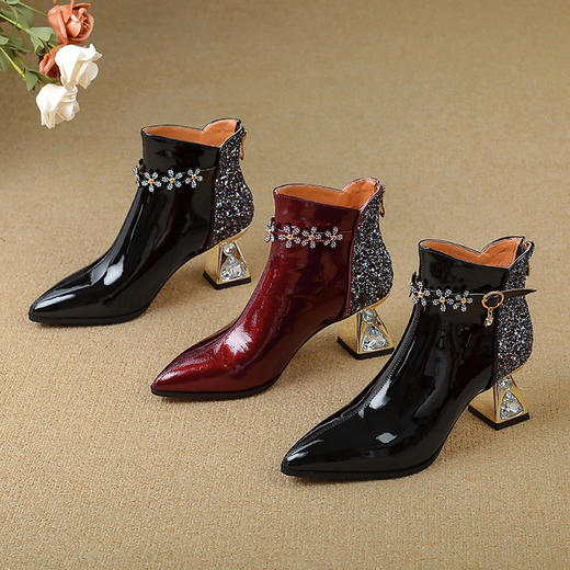 【预售5天】秋冬新款头层牛皮马丁靴女短靴粗跟尖头酒红色时尚超洋气女靴XME&898-806 商品图4