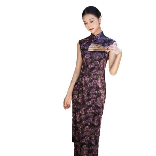 GX丝绒无袖长款半开襟古法旗袍2025秋季新款复古国风侧拉链港风旗袍 商品图4