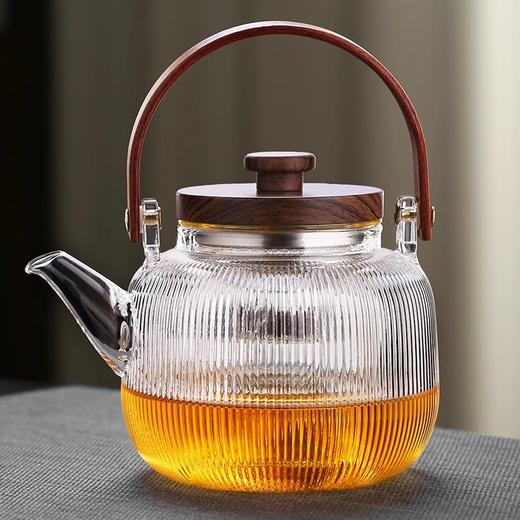 新中式煮茶壶新品高硼硅玻璃茶壶胡桃木盖子泡茶壶新款新品竖条纹提梁壶煮茶器 商品图0