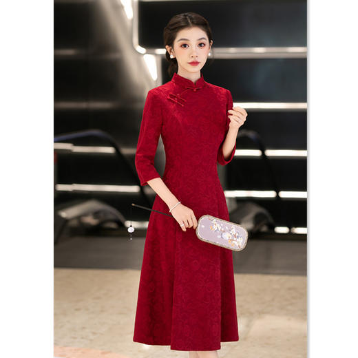 GX红色针织日常旗袍2025秋季新款复古国风改良新中式喜妈妈婚宴旗袍 商品图2