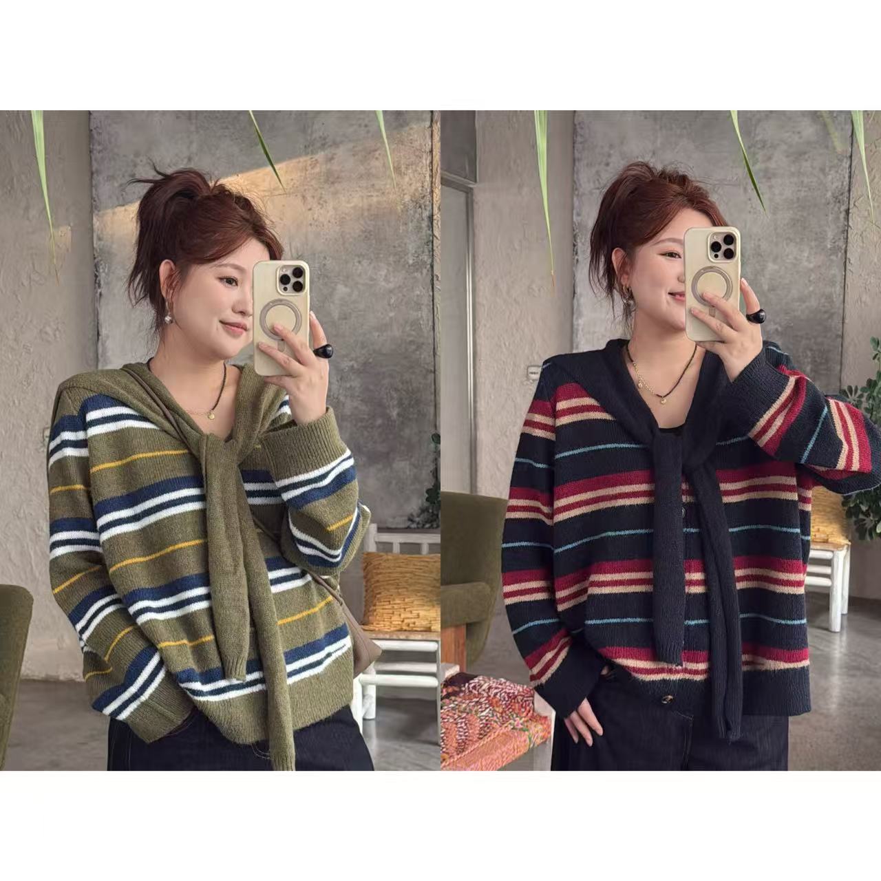 25AW上新 佳佳同款【绿野寻踪】带披肩设计感条纹纽扣套头毛衣针织时尚休闲