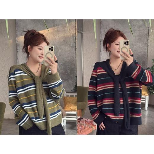 25AW上新 佳佳同款【绿野寻踪】带披肩设计感条纹纽扣套头毛衣针织时尚休闲 商品图0