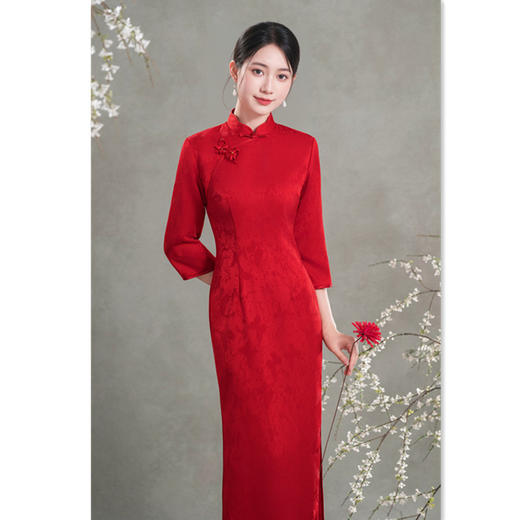 GX红色提花缎长款七分袖旗袍2025秋新款复古国风喜妈妈婚宴旗袍礼服 商品图0