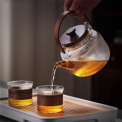 新中式煮茶壶新品高硼硅玻璃茶壶胡桃木盖子泡茶壶新款新品竖条纹提梁壶煮茶器 商品图3