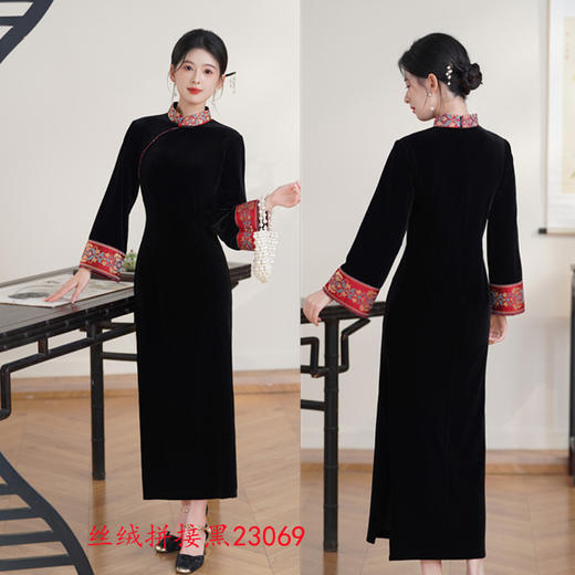 SKY 23069新中式旗袍改良长袖丝绒旗袍 商品图1