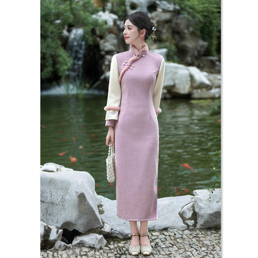 GX时尚拼接长袖雪尼尔长款旗袍2025秋季新款复古改良新中式日常旗袍 商品图2