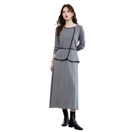 HR YBER610法式浪漫洋气圆领拼色优雅气质两件套裙 商品图4