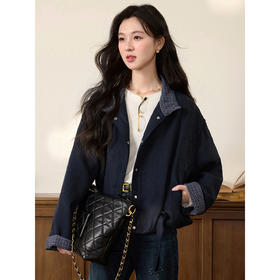 鹿向南「雅韵绅媛」藏青色格纹翻领上衣秋季宽松短款开衫外套女