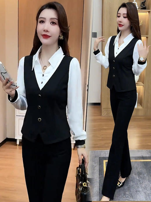 时尚套装女2025秋季新款洋气显瘦假两件衬衣高腰微喇裤减龄两件套 商品图1