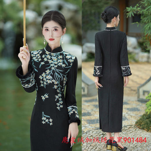 GX麂皮绒加绒黑色绣花长袖旗袍2025秋冬新款时尚拼接感国风旗袍 商品图1