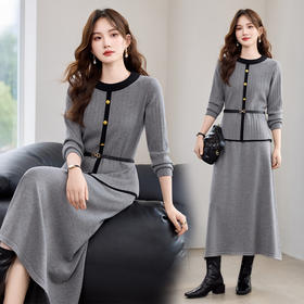 HR YBER605休闲简约百搭立体条纹撞色款圆领洋气两件套裙