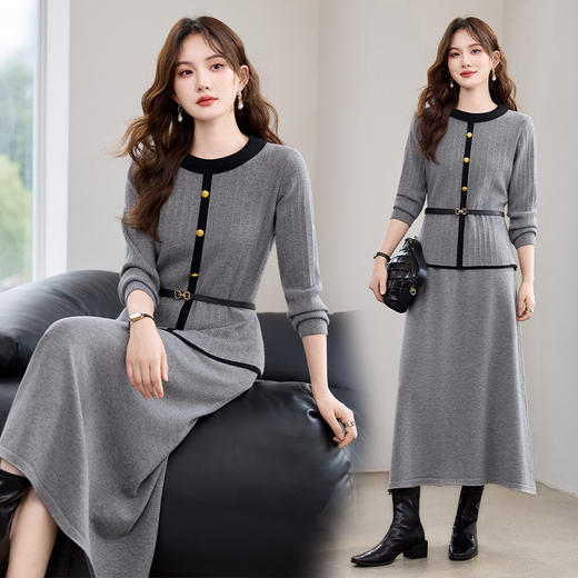 HR YBER605休闲简约百搭立体条纹撞色款圆领洋气两件套裙 商品图0