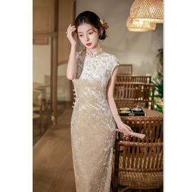 GX时尚优雅新中式改良丝绒压花旗袍2025秋新款收腰显瘦减龄修身旗袍