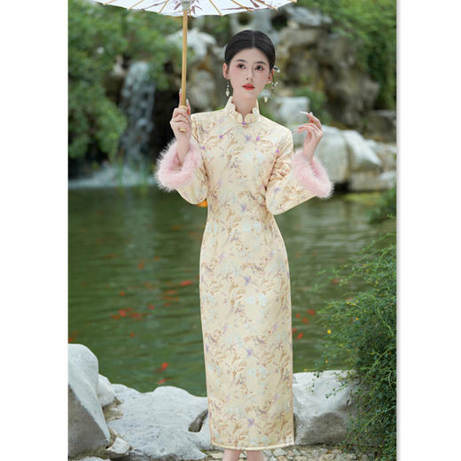 GX时尚改良年轻款长款倒大袖旗袍2025秋冬新款改良新中式加绒旗袍裙 商品图0