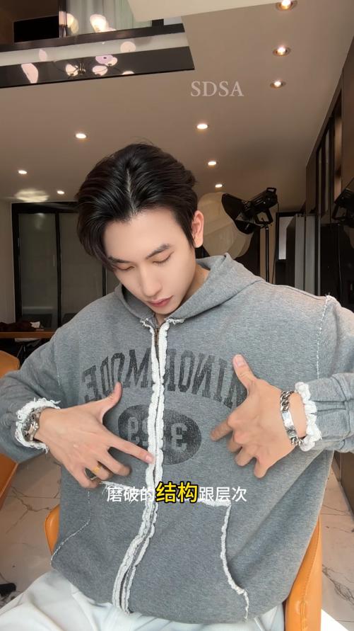 SDSA秋冬新款痞帅男装美式磨边印花字母拉链连帽卫衣百搭时尚外套 商品图0