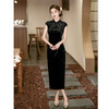 GX黑色丝绒压花长款坎肩袖旗袍2025初秋新款时尚改良修身年轻款旗袍 商品缩略图0