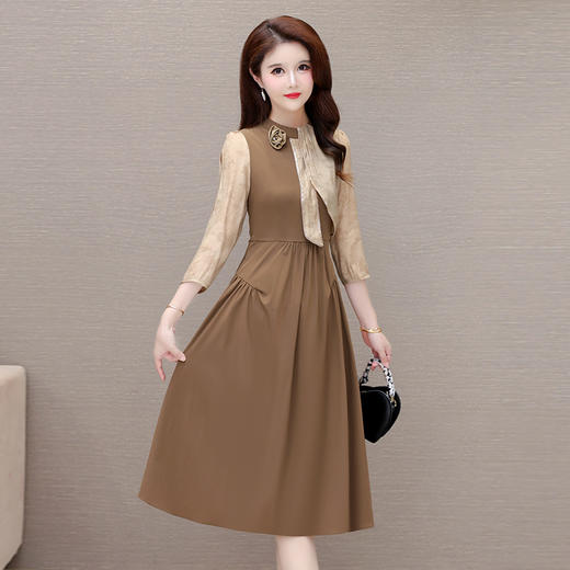 时尚长袖连衣裙，设计感收腰圆领拼色高腰百褶裙QYM-YXJY-X303-Y 商品图1