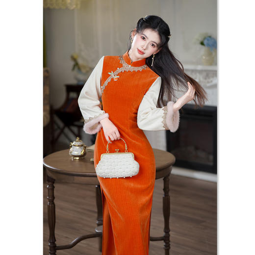 GX时尚拼接长款倒大袖旗袍2025秋冬新款改良新中式日常年轻款旗袍裙 商品图0