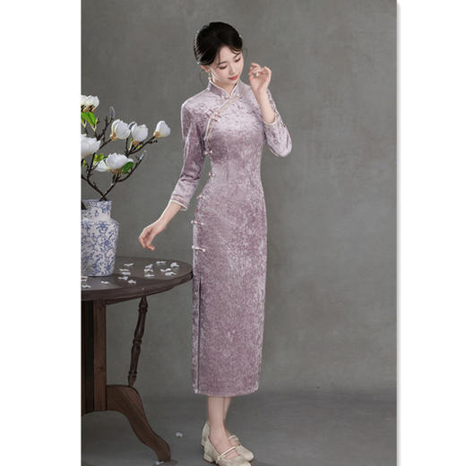 GX丝绒扎染长款七分袖旗袍2025秋季新款复古国风纯色中式大码旗袍裙 商品图1