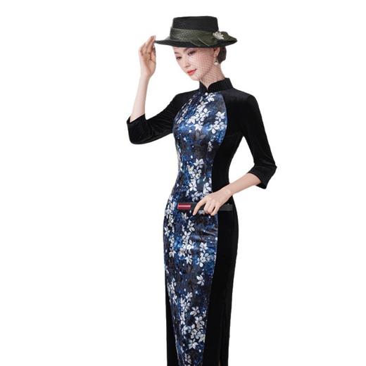 GX时尚拼接长款丝绒七分袖旗袍2025秋季新款国风中式小个子日常旗袍 商品图4