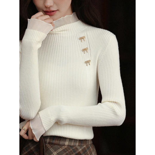 【65折秒杀】鹿向南「水中芙蓉」法式半高领针织衫女秋荷叶边修身内搭打底上衣L58608 商品图3