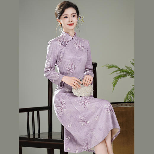 【紫仙】麂皮绒复古长袖，新中式国风旗袍连衣裙XGT-Q25121 商品图1