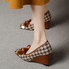 【预售5天】复古棕色千鸟格坡跟单鞋女秋季新款方头浅口显瘦蝴蝶结高跟鞋PPY&25-239 商品缩略图4
