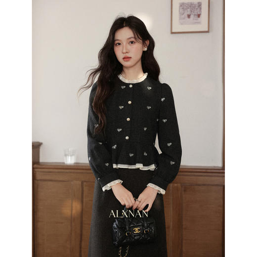 鹿向南「烟灰缀露」假两件深灰色连衣裙女秋季法式设计感长款裙子 商品图2