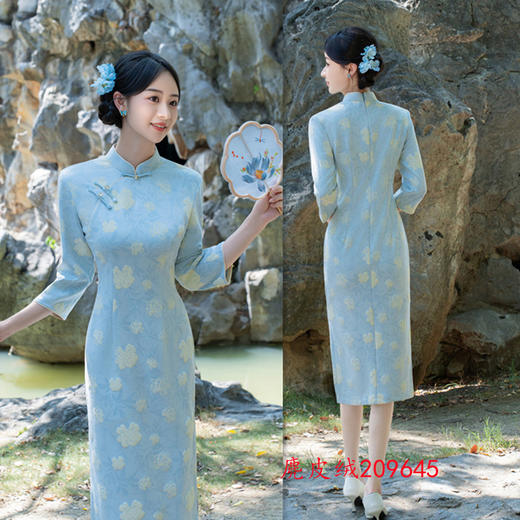 GX复古国风麂皮绒七分袖旗袍2025秋季新款年轻女士日常中式修身旗袍 商品图2