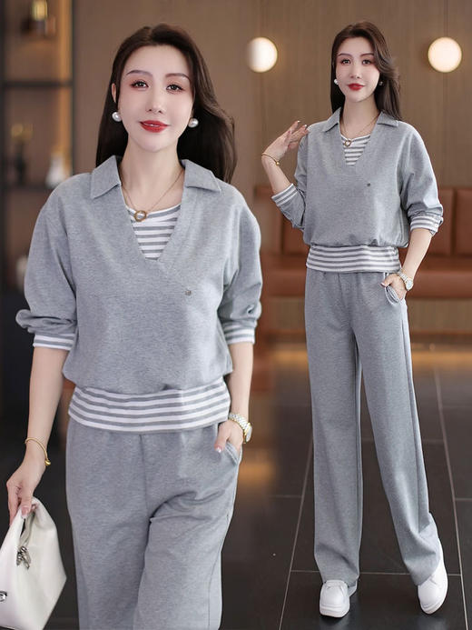 时尚休闲套装女2025秋季新款洋气条纹拼接假两件上衣阔腿裤两件套 商品图2