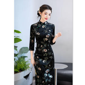 GX复古中国风中长七分袖丝绒旗袍2025秋新款旗袍女装
