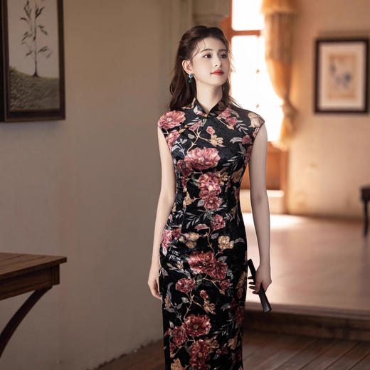 复古港风无袖旗袍，钻石绒印花长款连衣裙MYJ-257 商品图1